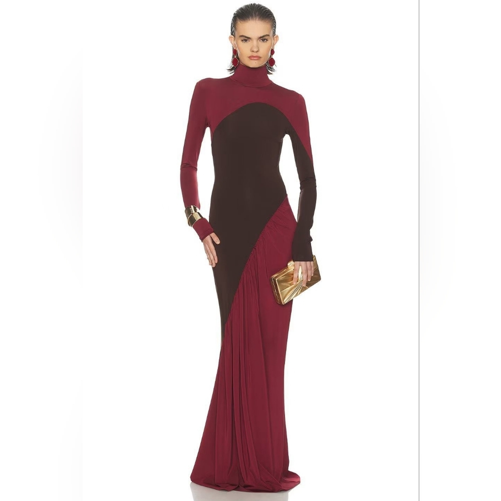 Helsa The Abstraction Color Blocked Jersey Dress in Coffee Bean & Currant